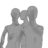 a drawing of three mannequins standing next to each other with their eyes closed