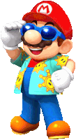 mario wearing sunglasses and a shirt with smiley faces on it