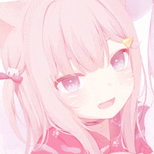 a close up of a pink anime girl with a cat ear