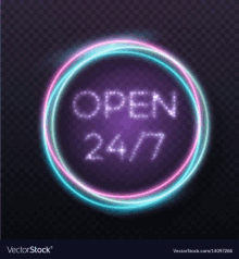 a neon sign that says open 24/7 inside of a circle