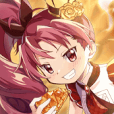a girl with red hair is holding a piece of pie and smiling