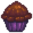 a pixel art cupcake with a purple wrapper and a brown topping .