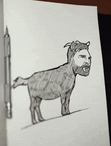 a drawing of a goat with a man 's face on its back