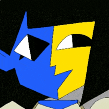 a blue and yellow drawing of a face with a black background