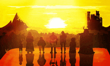 a group of people standing in front of a sunset with a castle in the background