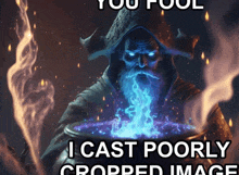 a picture of a wizard with blue flames coming out of his mouth with the caption " you fool i cast poorly cropped image "