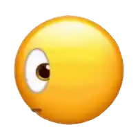 a close up of a yellow smiley face with a white eye on a white background