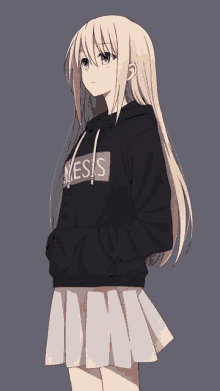 a blonde anime girl wearing a black hoodie that says ness on it