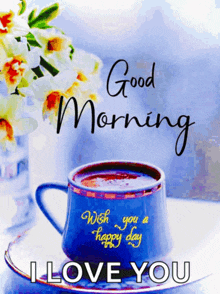 a cup of coffee on a saucer with the words " good morning wish you a happy day "