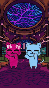 a pink cat and a blue cat are dancing together in a room