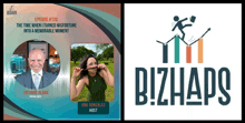 an advertisement for bizhaps shows a man and woman