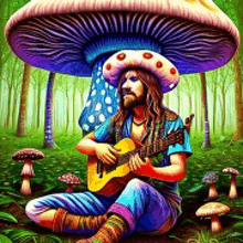 a man is playing a guitar in a forest with mushrooms