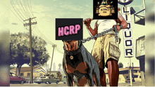 a man holding a sign that says hcrp stands next to a dog on a leash