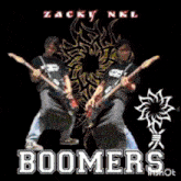 a poster for boomers shows two men playing guitars on a black background