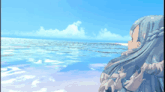 a girl with long blue hair looking out over the ocean