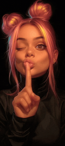 a girl with pink hair is making a shhh sign