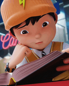 a cartoon character is reading a book with a lightning bolt on his cap