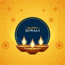 a greeting card that says happy diwali with three lit candles