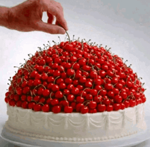 a cake with a lot of cherries on top