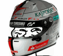 a helmet with kaspersky hublot santander and gran turismo written on it