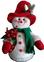 a snowman with a red hat and green scarf