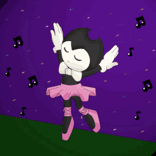 a cartoon character in a pink tutu is dancing in front of music notes