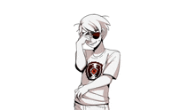 a black and white drawing of a boy wearing sunglasses and a white shirt with a red target on it .