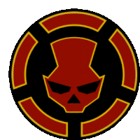 a red skull in a black circle with a yellow border