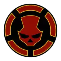 a red skull in a black circle with a yellow border