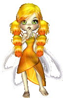 a little girl with yellow hair and green eyes is wearing a yellow dress