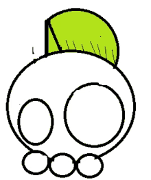 a black and white drawing of a skull with a green hat