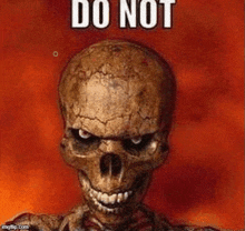 a skeleton is smiling and says `` do not '' in front of a fire background .