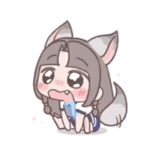 a cartoon girl with fox ears is sitting down with a phone in her mouth .