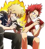 two anime characters are playing a game on their cell phones