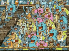 a large group of cartoon characters are standing in a stadium .