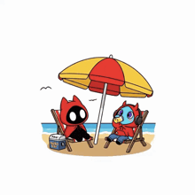 two cartoon characters sitting under an umbrella on the beach