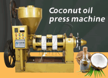 a coconut oil press machine with a bottle of coconut oil