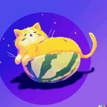 a cat is laying on top of a watermelon on a blue background