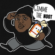 a cartoon of a man holding a duck and saying gimme the noot