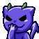 a purple cat with horns is covering its mouth with its hand and smiling .