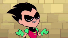 a cartoon character is standing in front of a brick wall with his arms outstretched .