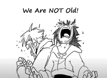 a black and white drawing of a man screaming with the words `` we are not old '' written above him .