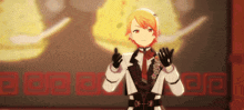 a girl in a suit and gloves is standing in front of a wall with chinese characters on it .