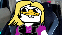 a drawing of a duck in a car seat with a purple shirt on