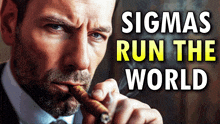 a man smoking a cigar with the words sigma 's run the world below him