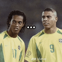 two soccer players wearing yellow jerseys one with the number 9