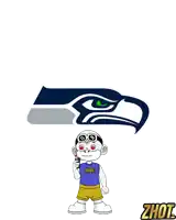 a seattle seahawks logo is behind a cartoon character