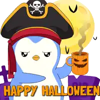 a penguin is wearing a pirate hat and holding a pumpkin cup with the words happy halloween written below it
