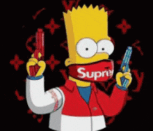 bart simpson wearing a supreme mask and holding two guns .