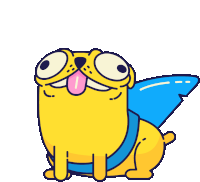 a yellow pug wearing a blue cape and a pink tongue sticking out